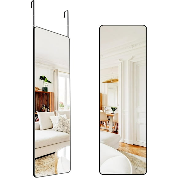 ERDS-Over The Door Mirror, 14" x 42" Full Length Mirror, Black Rectangular Door Hanging Mirror, Long Full Body Dressing Mirror with Hanging Bracket for Bedroom, Living Room, Dorm