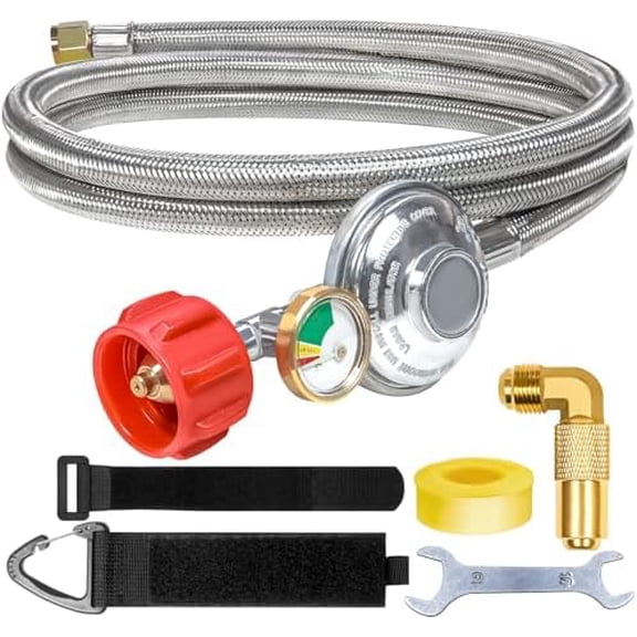 6Ft Stainless Braided Propane Regulator Hose with Gauge，QCC1 Low Pressure Propane Tank Extension Hose for 20lb Tank with Elbow Adapter for Blackstone Grill,Most LP Gas Grill, Fire Pit Table
