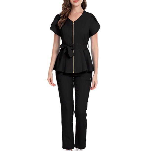Conjuntos de uniformes de trabajo Traje de trabajo Corto Transpirable Accesorios cómodos Camisetas de enfermera Pantalones Talla M Negro