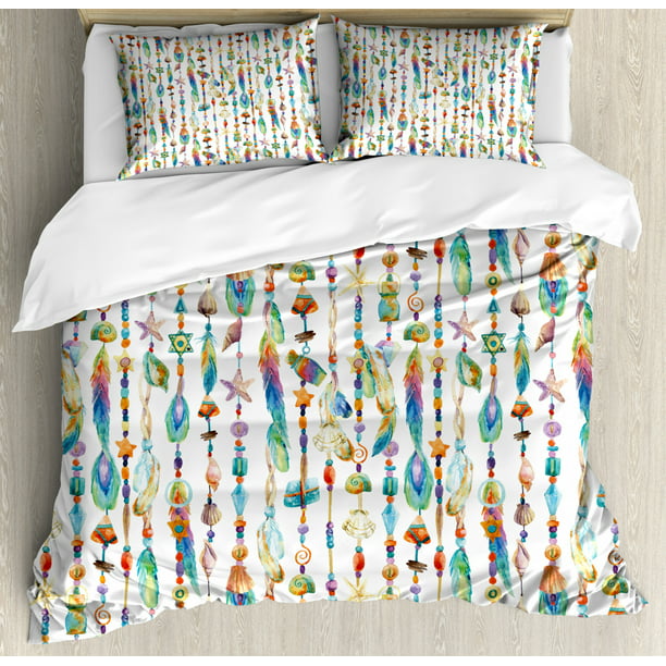 Feather King Size Duvet Cover Set Watercolor Style Figures With