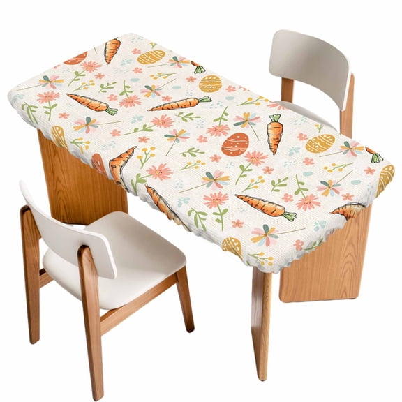 Easter Eggs Table Cloths for 4 Foot Rectangle Tables, Carrots Spring Daisy Botanical Rustic Vintage Patio Waterproof Elastic Fitted Tablecloths, Washable Rectangular Table Cover for Camping