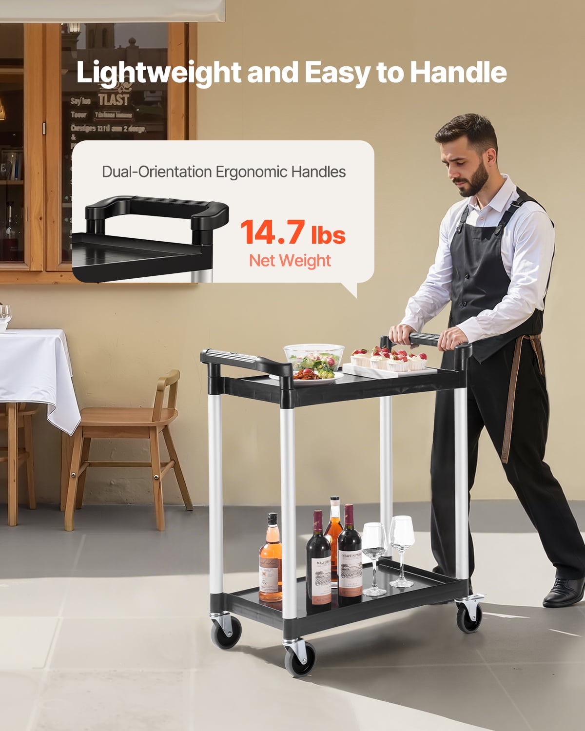 VEVOR Utility Cart, 300 lbs Load Capacity, 2-tier Utility Plastic Cart with 360° Swivel Wheels (2 with Brakes), 24.4 x 16.1-inch Food Service Cart for Warehouse, Office, Home, Restaurant, Kitchen