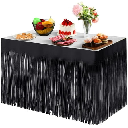 

Metallic Foil Fringe Table Skirt 108 X 29 inch Tinsel Table Skirt for Baby Showers Wedding Birthday Party(Black)