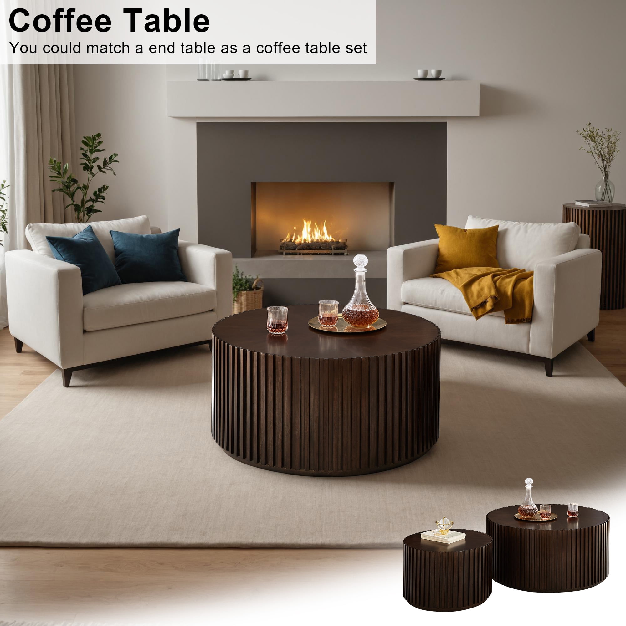 Gexpusm Round Coffee Table, Solid Wood Center Table for Living Room, Circle Drum Coffee Table with Handcrafted Relief, Chocolate