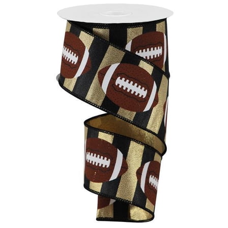 Football Striped Wired Ribbon - 10 Yards (Gold, Black, 2.5 Inches)