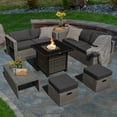 thumbnail image 2 of Patiojoy 9 Pieces Outdoor Patio Furniture Set with 32-Inch Propane Fire Pit Table Outdoor PE Wicker Space-Saving Sectional Sofa Set with Storage Box and Cushions Gray, 2 of 9
