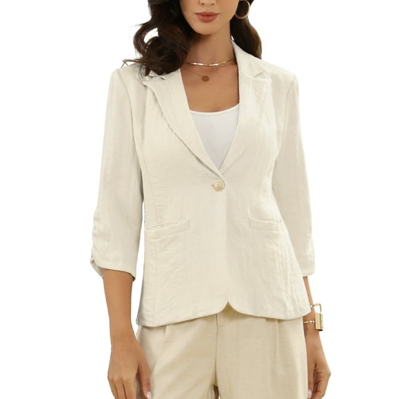 INSPIRE CHIC Linen Blazer for Women's Notch Lapel One Button 3/4 Sleeve Casual Work Business Suit Jackets XS Beige