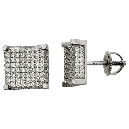 Silver Square Stud - Sterling Silver Rhodium Micropave 8x8 Square Screw-Back Mens Stud Earring