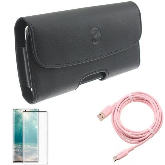 Screen Protector & 10ft Long USB-C Cable & Case Belt Clip for Samsung Galaxy Note 20 (6.7") - Combo with Tempered Glass (Fingerprint Unlock) & Pink Charger Cord & Leather Holster
