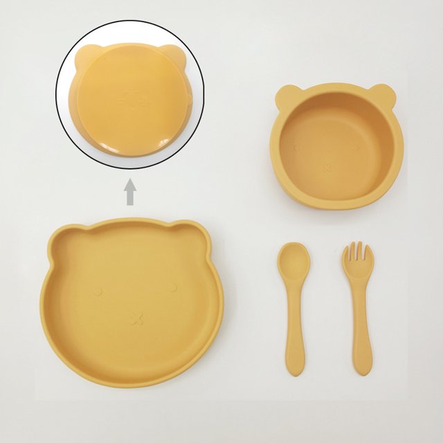 Plato de cena para alimentación de bebés, juego de cuchara y tenedor, plato de cena integrado de silicona de grado alimenticio, vajilla de oso de dibujos animados para niños, madre y bebé