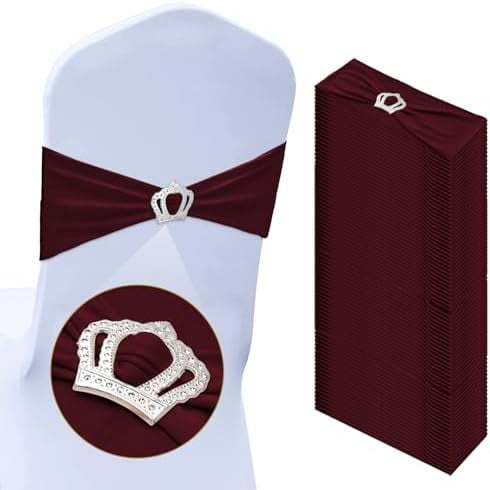 50 Pcs Stretch Chair Sashes with Crown Chair Sashes with Buckle Slider Wedding Elastic Cover for Party Bridal Baby Shower Ceremony Reception Banquet(Burgundy)