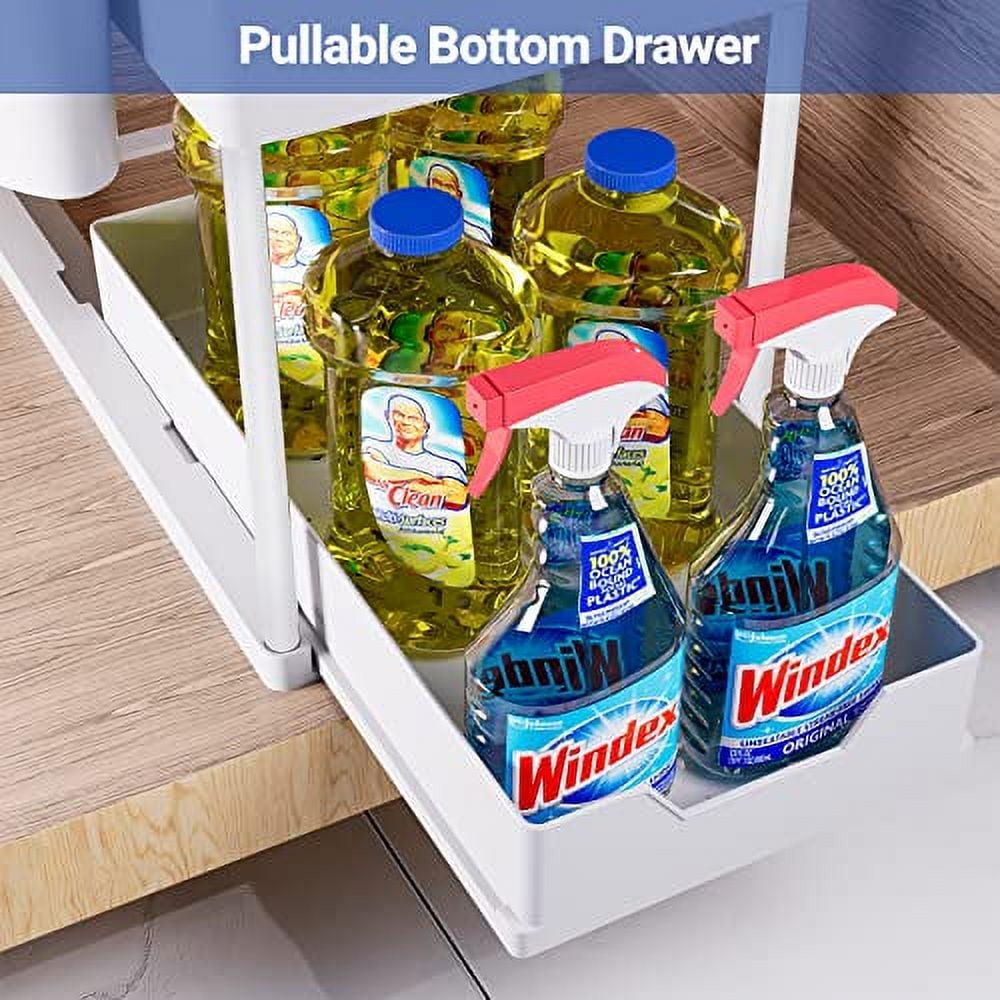 Puricon 1 Pack Under Sink Organizers and Storage Pull Out Sliding Drawer, 2 Tier Multi-purpose Kitchen Under the Sink Organizer Under Bathroom Sink Shelf Storage Rack for Countertop Laundry -White
