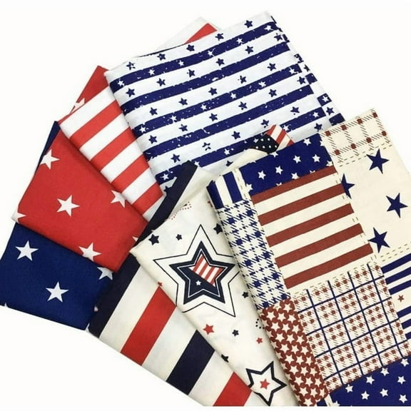 8Pcs Patriotic Cotton Fabric Bundles Red Blue White Star Stripe Fat Quarters 4th of July Quilting Patchwork for Independence Day DIY Handmade Craft Party Decor, 10 x 10 Inch