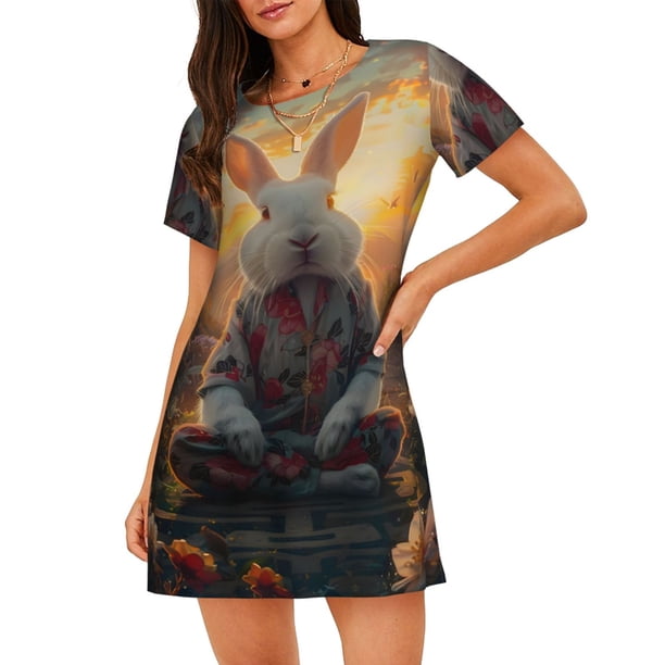 Disketp Flower Meditating Rabbit para Camisón Corto de Manga Corta para Mujeres, Camisón Cómodo con Escote Redondo, Bonito y Confortable