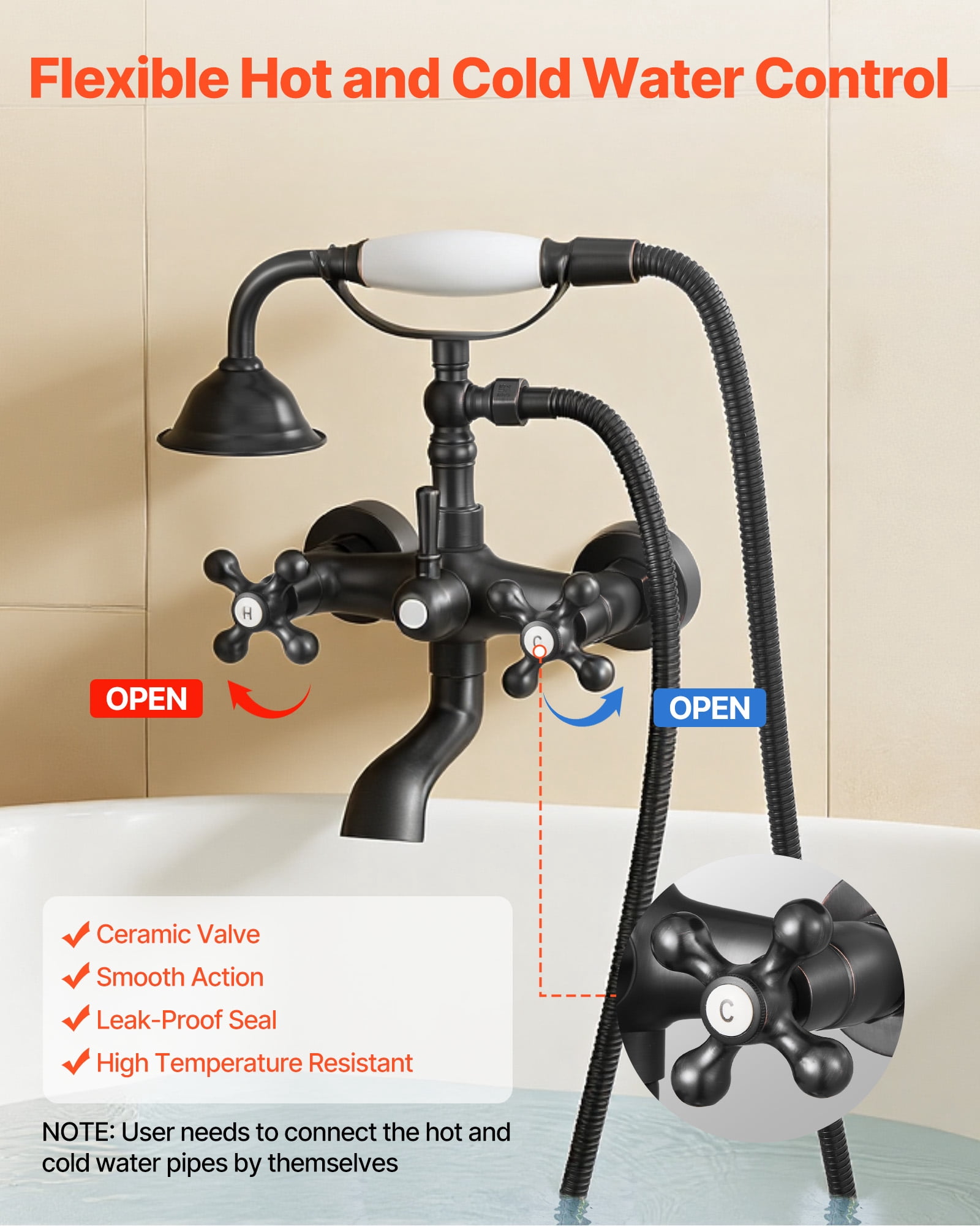 VEVOR Clawfoot Tub Faucet,Wall Mount Bathtub Faucets with Handheld Shower,Vintage Oil-Rubbed Bronze Clawfoot Tub Filler Faucet Shower Kit with Adjustable Swing Arms & 360° Rotation Spout for Bathtubs