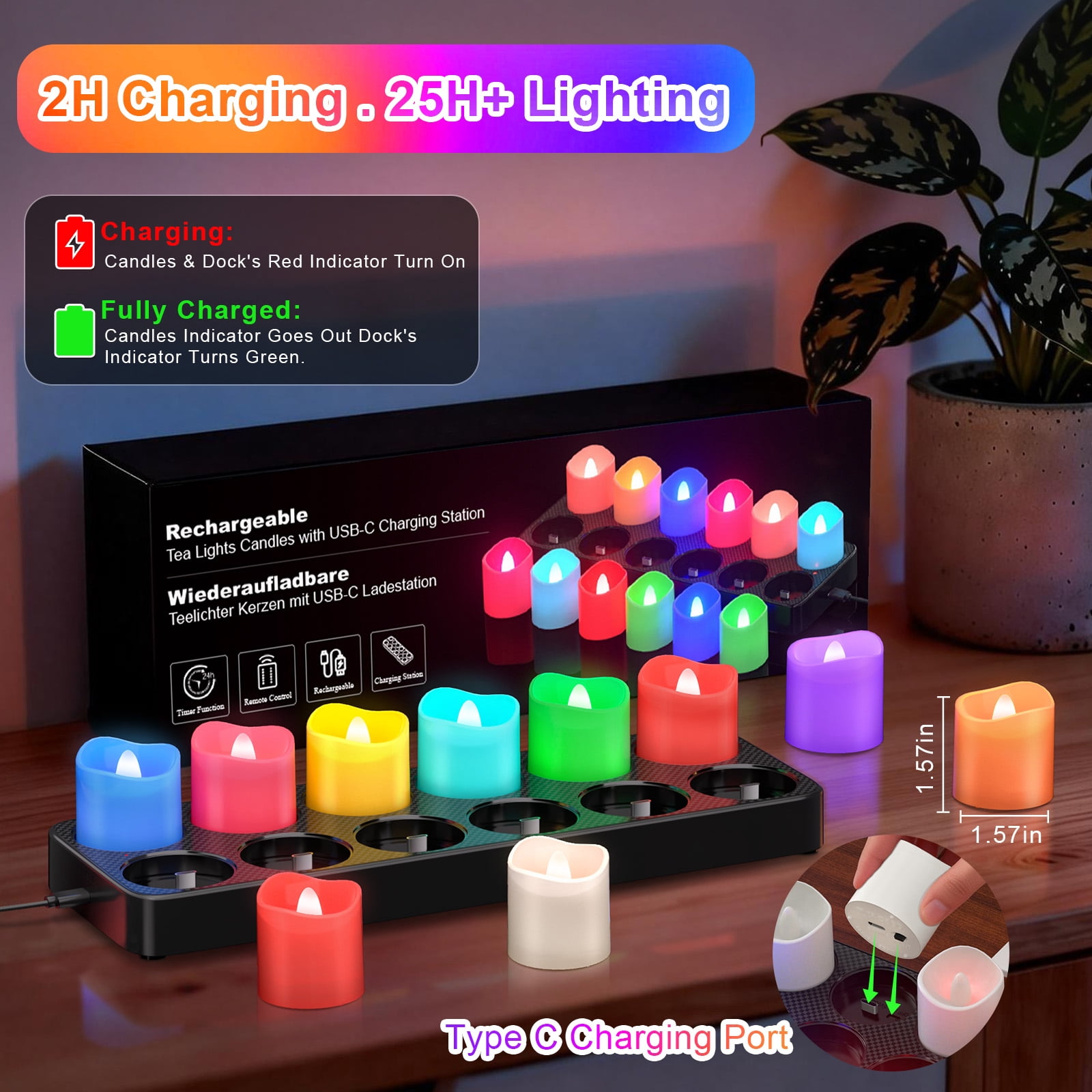 PChero Rechargeable Tea Lights 9-Color Changing with Remote Timer& Charging Base, 12pcs LED Electric Tealights Battery Operated, Flameless Votives Candles for Table Christmas Holiday Home Decor, 1.57