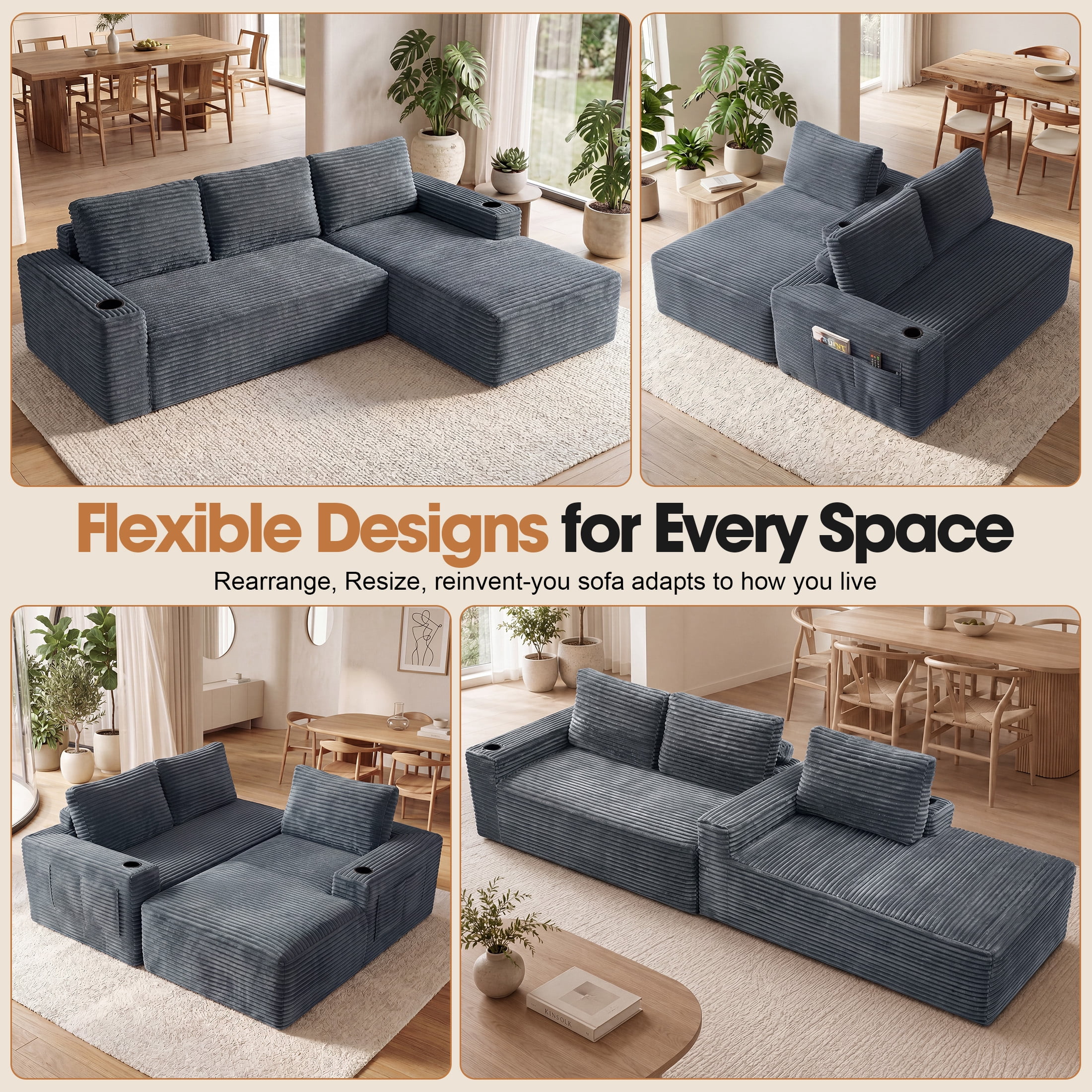 Aenkyo 104 Inch Corduroy L-Shaped Cloud Sectional Sofa with Right Facing Chaise and Cup Holders, Gray
