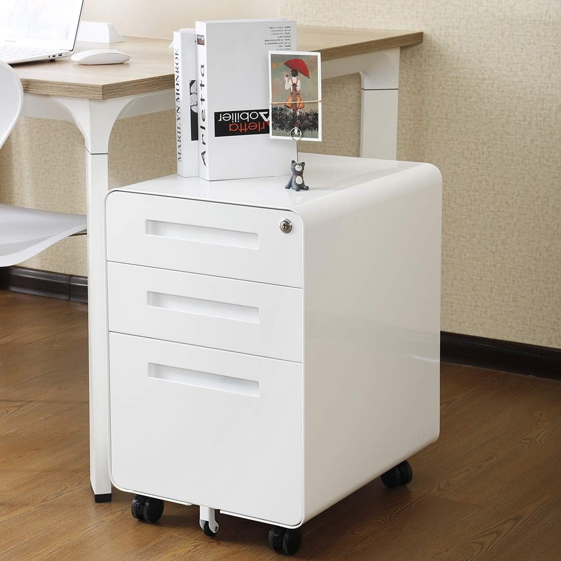3-Drawer Mobile File Cabinet with Lock, Under-Desk Steel Rolling Cabinet for A4, Letter & Legal Files, 5-Wheel Anti-Tilt, Fully Assembled, Home Office, White