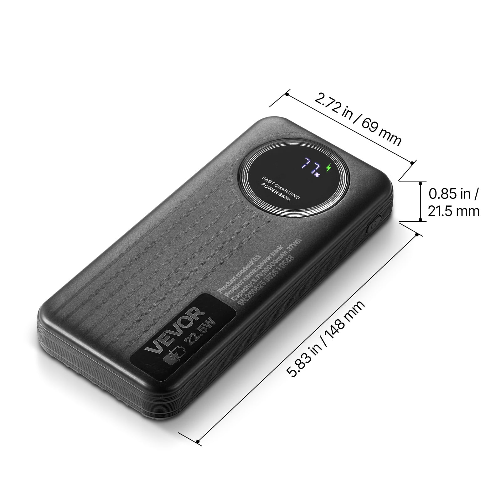 VEVOR Portable Charger, with Built-in Cables, 10000 mAh Travel Battery Pack, 6 Outputs 3 Inputs Fast Charging Power Bank with USB Type-C Micro-B Input,Smart LED Display, for iPhone, Samsung, Android