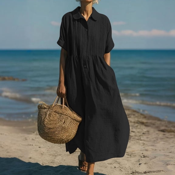 Maqroz Linen Dress for Women Plus Size Summer Button Down Short Sleeve Maxi Dresses Short Sleeve Flowy Dresses Pleated Front Lapel Casual Sundress Black M