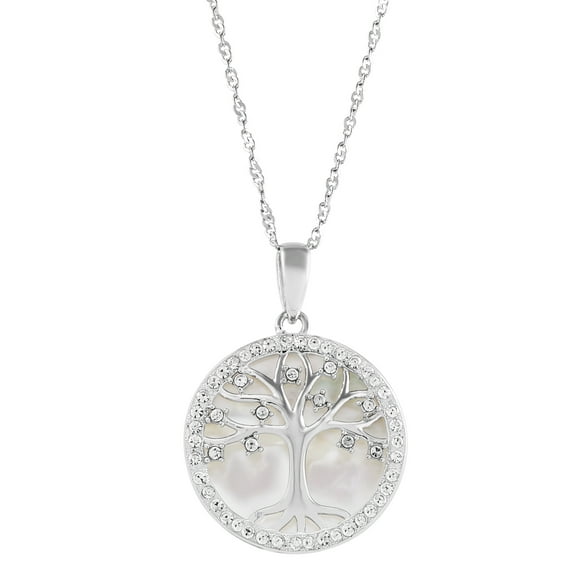 Brilliance Fine Jewelry Round Mother of Pearl and Crystal Accented Family Tree Pendant in Sterling Silver, 18"