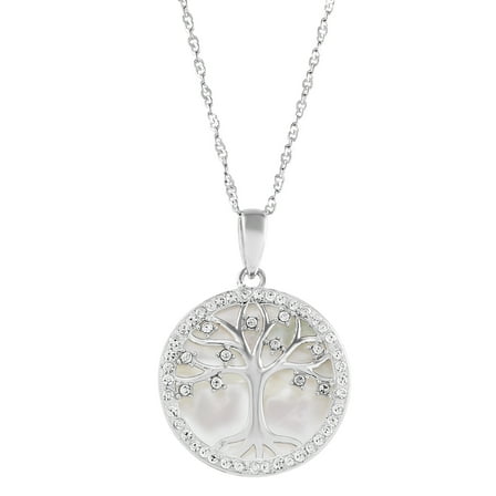 Brilliance Fine Jewelry Round Mother of Pearl and Crystal Accented Family Tree Pendant in Sterling Silver, 18"