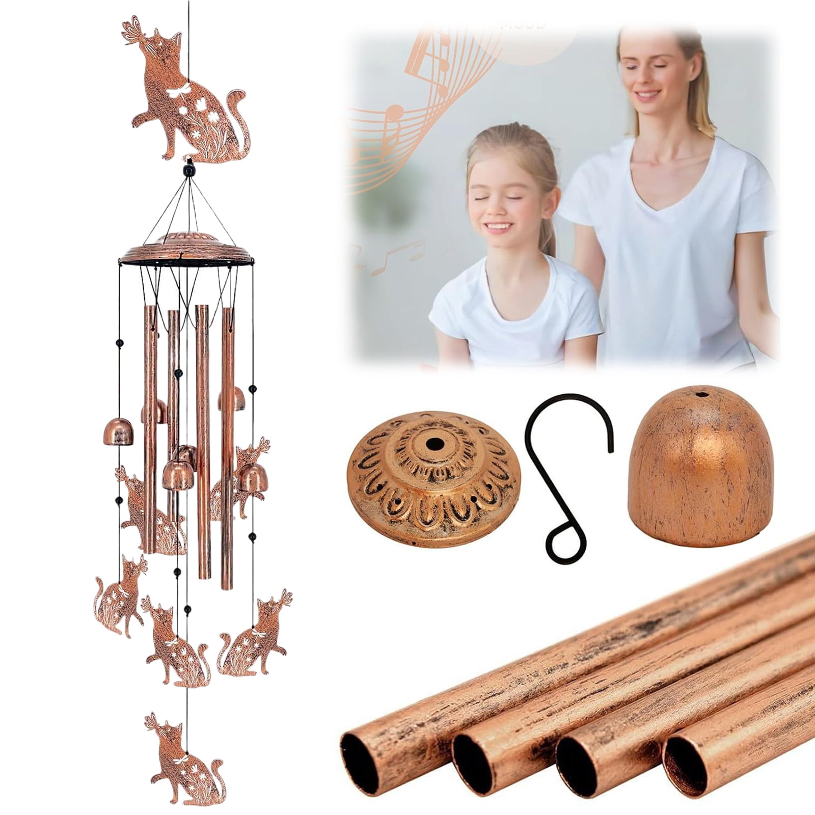 Yucurem Cat Wind Chime for Outside, Handmade Metal Garden Wind Chimes, Melodic Weatherproof Wind Bell for Patio Porch Decor