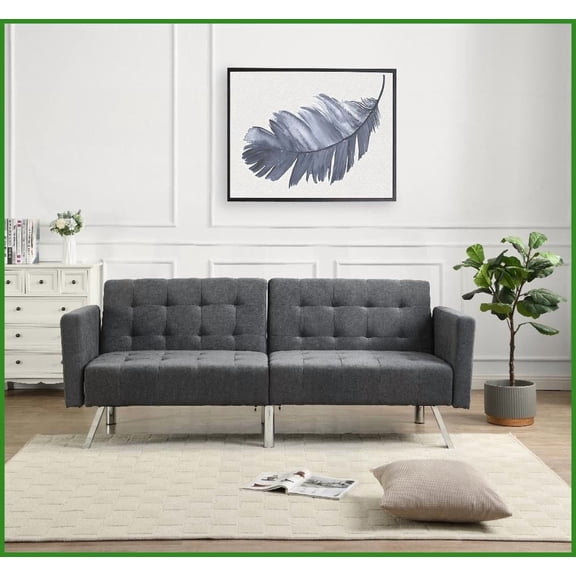 Modern Dark Grey Linen Loveseat Sofa Bed - Convertible Split-Back Sleeper for Small Spaces