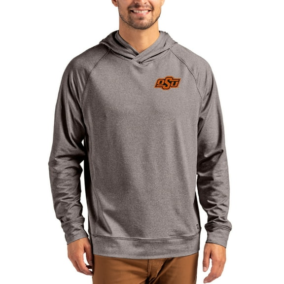 Men's Cutter & Buck Heather Charcoal Oklahoma State Cowboys Primary Logo Adapt Knit Raglan Pullover Hoodie
