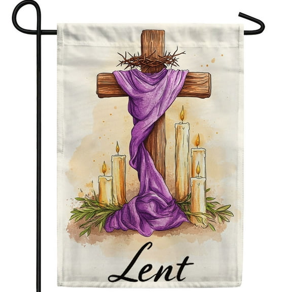 America Forever Lent Cross Candles Garden Flag, 12.5 x 18 inch Double Sided, Wooden Cross Crown Thorns Purple Cloth, Lenten Season Religious Candles, Sacred Cross Flag