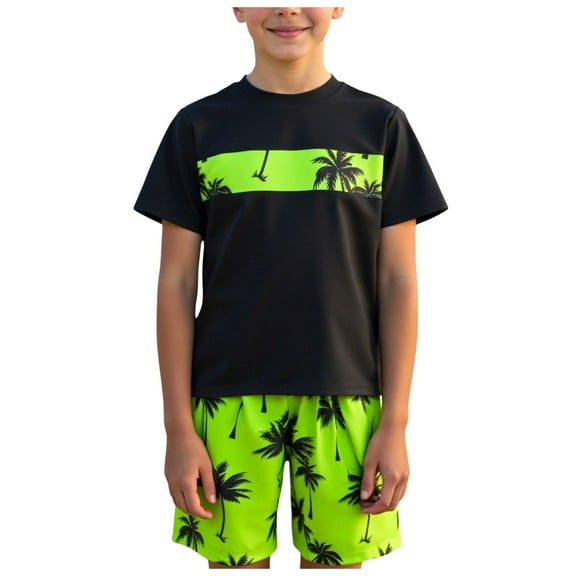 Wxirdiow Big Boys Swim Trunks Boys Two Piece Rash Guard Swimsuits Sets Kids Short Sleeve Swim Shirts Bathing Suit with Swim Trunks Swimwear Set Green Size,13 Years
