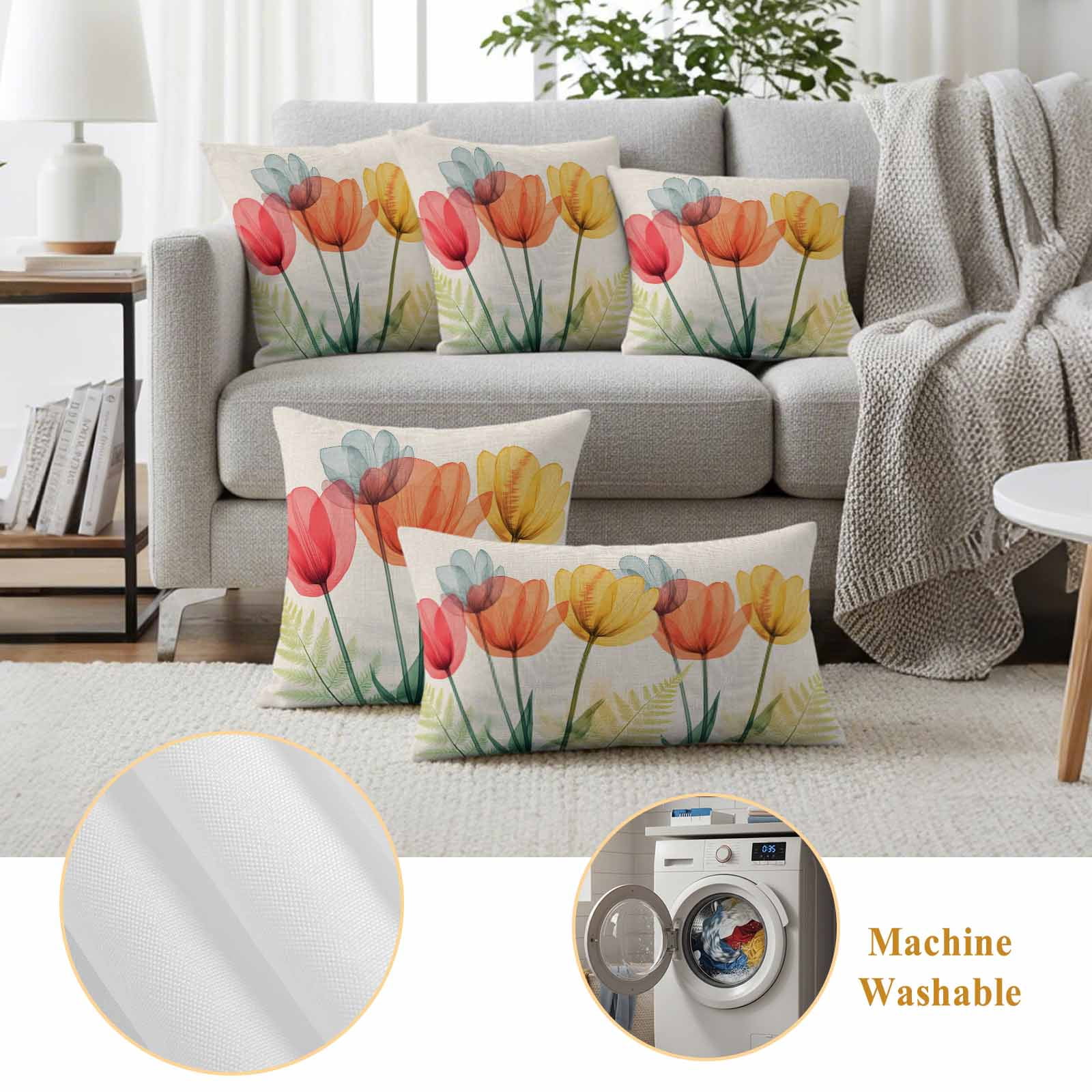 Spring Retro Pillow Covers 2 Pack Orange Yellow Red X-ray Tulips Flower Leaf Pillowcase Waterproof Outdoor Throw Pillow Cover for Patio Garden Square Cushion 18”x18”