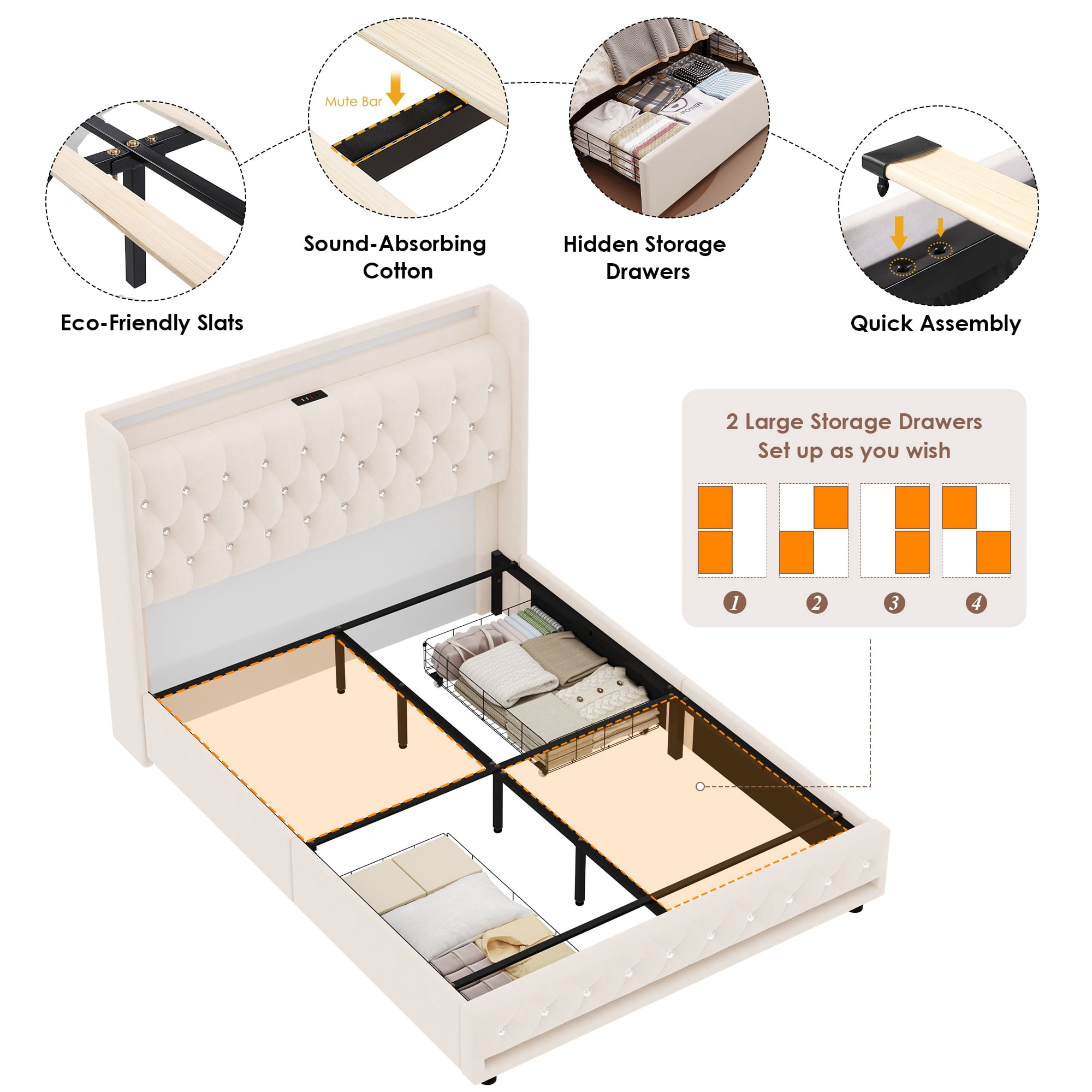 Homfa Queen Size LED Bed Frame with Outlets and USB Ports & Display Platform, 2 Storage Drawers Modern Crystal Button Tufted Upholstered Platform Bed Frame, Beige