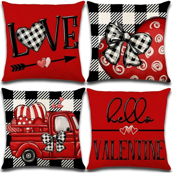 Valentines Day Decorations-Throw Pillow Covers 18x18 in Set of 4,Valentine Linen Pillow Case with Red Buffalo Plaid Heart Love Truck for Large Couch Sofa Home Inside Outside Holiday Party Decor
