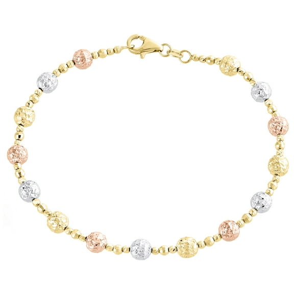 14K Tri Color Gold Texture Moon Cut / Candy Bead 5mm Fancy Italian Bracelet 7"