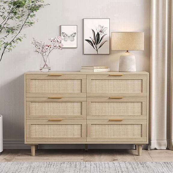 HoopieHome Dresser Boho Farmhouse 6 Drawer Rattan with Metal Handles and Wooden Legs 47-Inch Wide