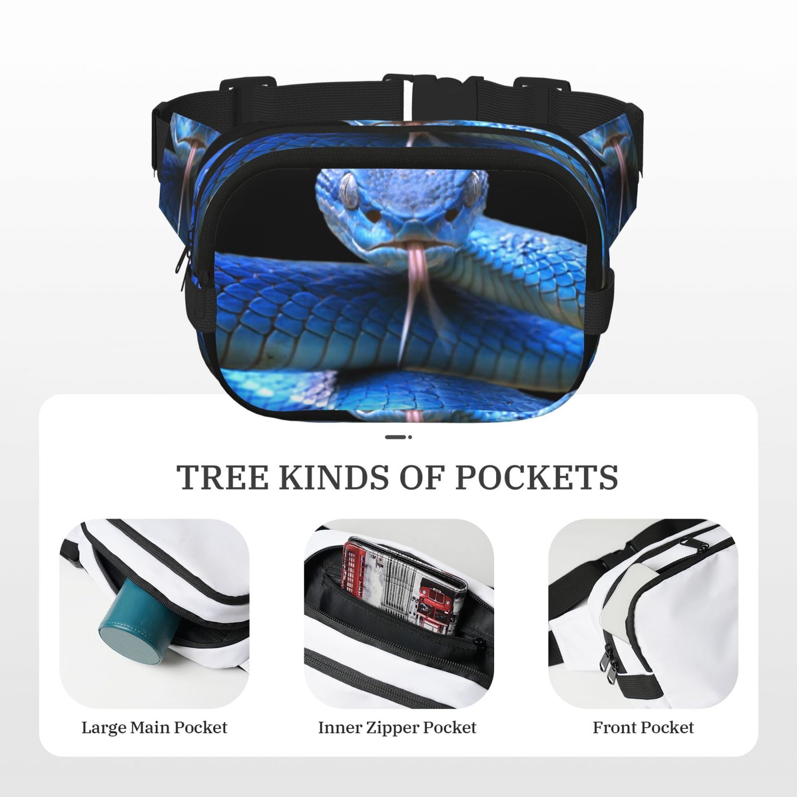 Fuzoiu Blue Viper Snake Print Unisex Square Double Layer Waist Bag,Crossbody Fanny Pack Travel Workout Accessory