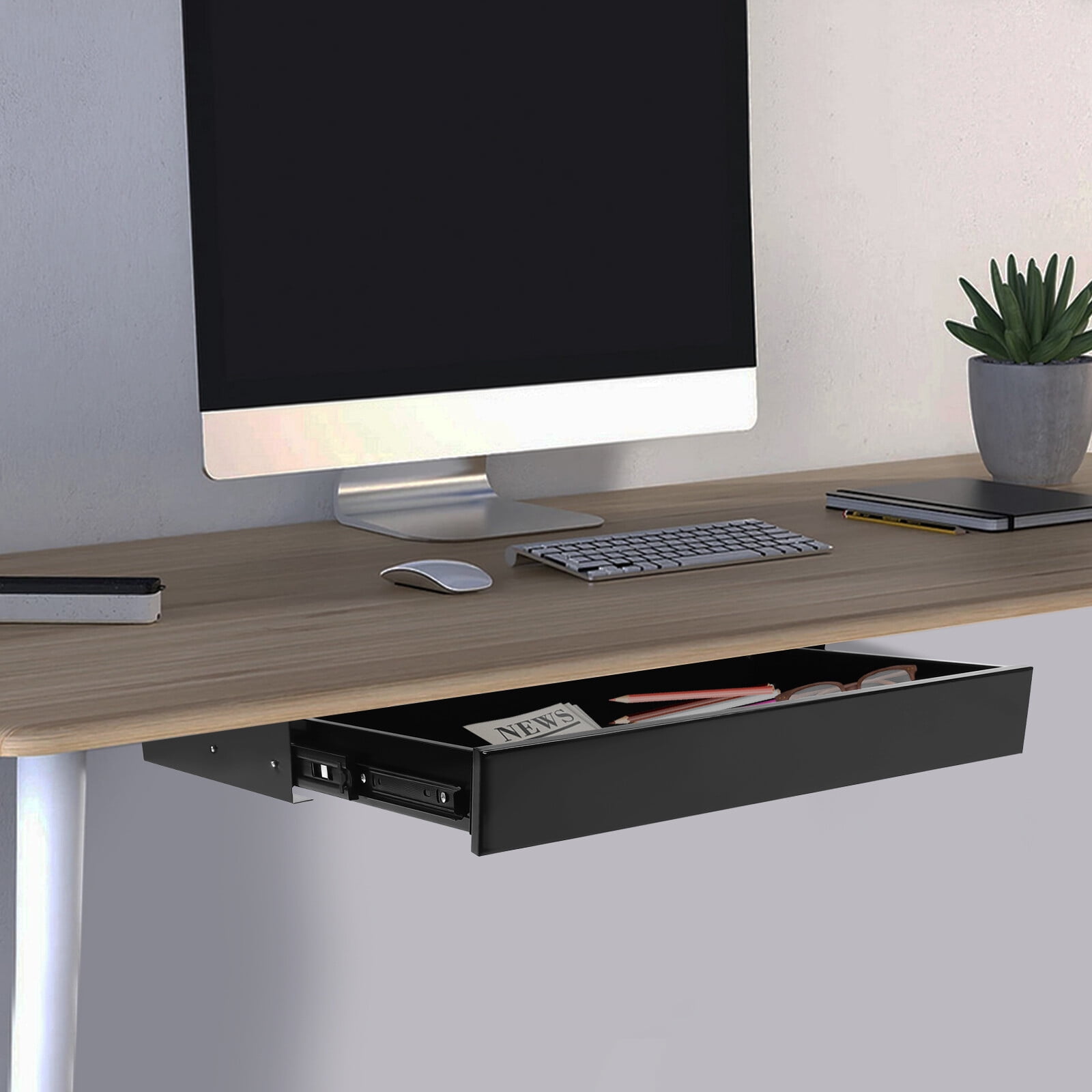 21.6*14*2.875in Modern Black Under Desk Mounted Drawer Storage Organizer Sliding Pullout Drawer Standing Desk