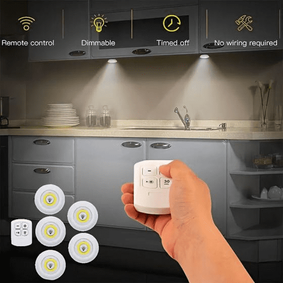 5 Pack Wireless Puck Lights with Remote Control, Battery Operated LED Under Cabinet Lights, Dimmable Stick On Lights with 30 Minute Timer for Kitchen, Closet and Pantry