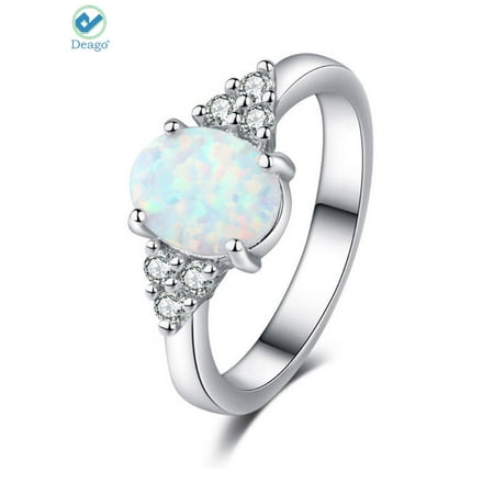 Deago Oval White Fire Opal Ring 925 Sterling Silver Gemstone Jewelry For Women (Size