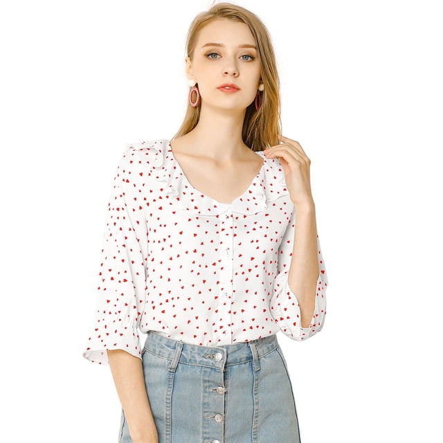 Blusa Allegra K con Botones cuello de solapa volantes estampado de Corazón manga del Codo Blanco XL
