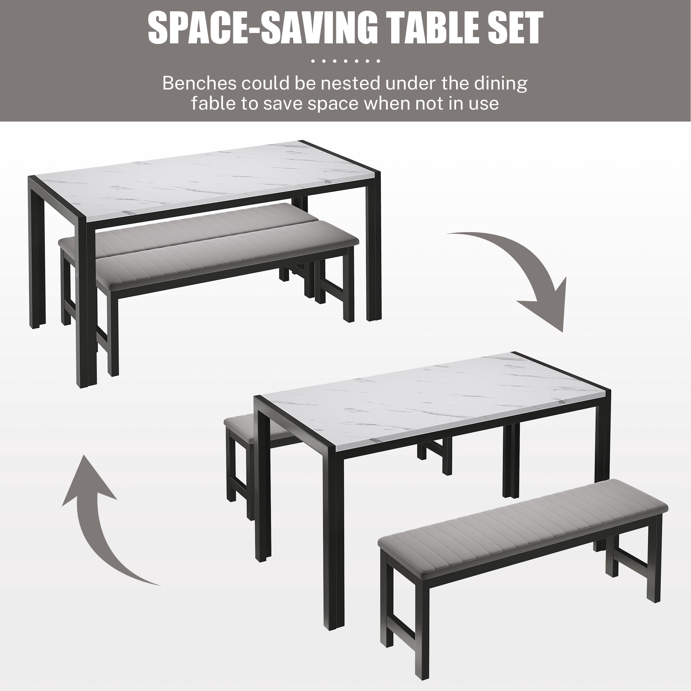 PORKISS Dining Table Set for 4, 3 Piece Kitchen Table Set with 2 Velvet Benches, Faux Marble Dining Room Table Set, Breakfast Nook Table Set for Small Spaces, Apartment, White+Gray+Black