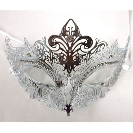 Silver Laser Cut Crystal Venetian Mask Masquerade Ball Metal Filigree Wedding
