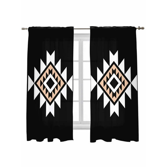 Black White Beige Boho Curtains 72 Inch Length, Sheer Curtains for Bedroom Living Room Window Western Geometric Aesthetic Rod Pocket Voile Drapes Kitchen Curtains Small Half Window 52"x72" 2 Panels