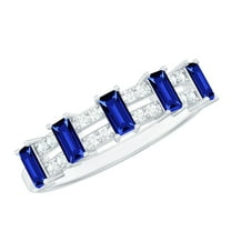 Rosec Jewels Lab Grown Blue Sapphire Half Eternity Ring for Women - Baguette Sapphire Diamond Ring - AAAA Quality, 925 Sterling Silver, US 11.50