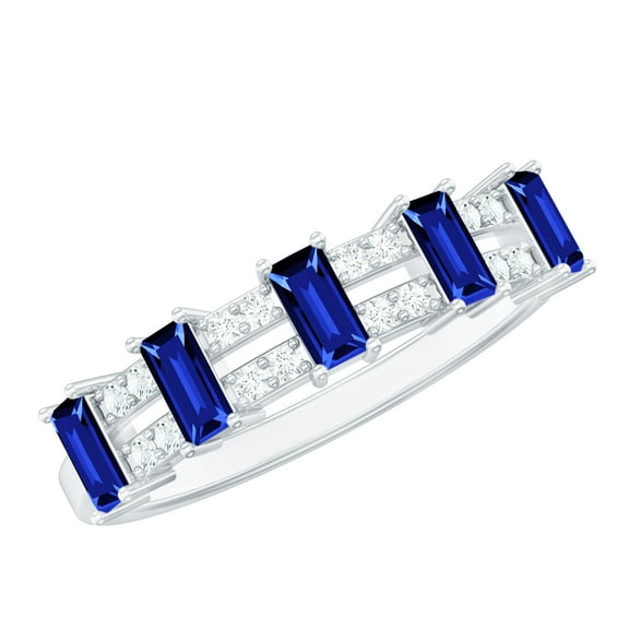 Rosec Jewels Lab Grown Blue Sapphire Half Eternity Ring for Women - Baguette Sapphire Diamond Ring - AAAA Quality, 925 Sterling Silver, US 4.00