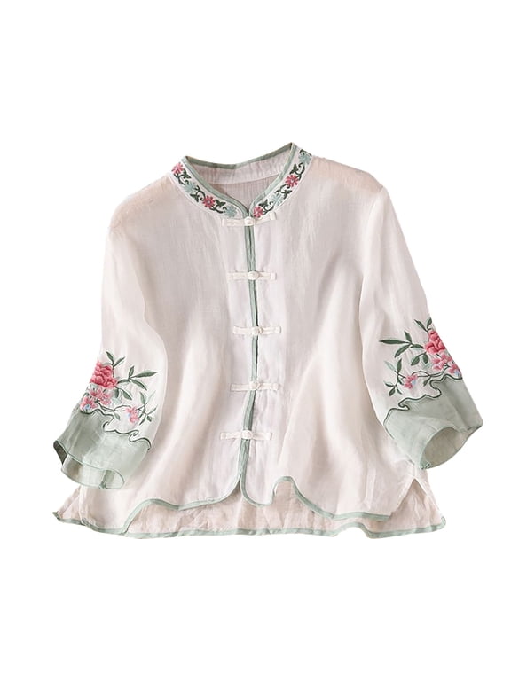 Womens Peasant Tops 3/4 Sleeve Cotton Linen Blouses Summer Fashion Retro Chinese Frog Button Floral Embroidered Shirts