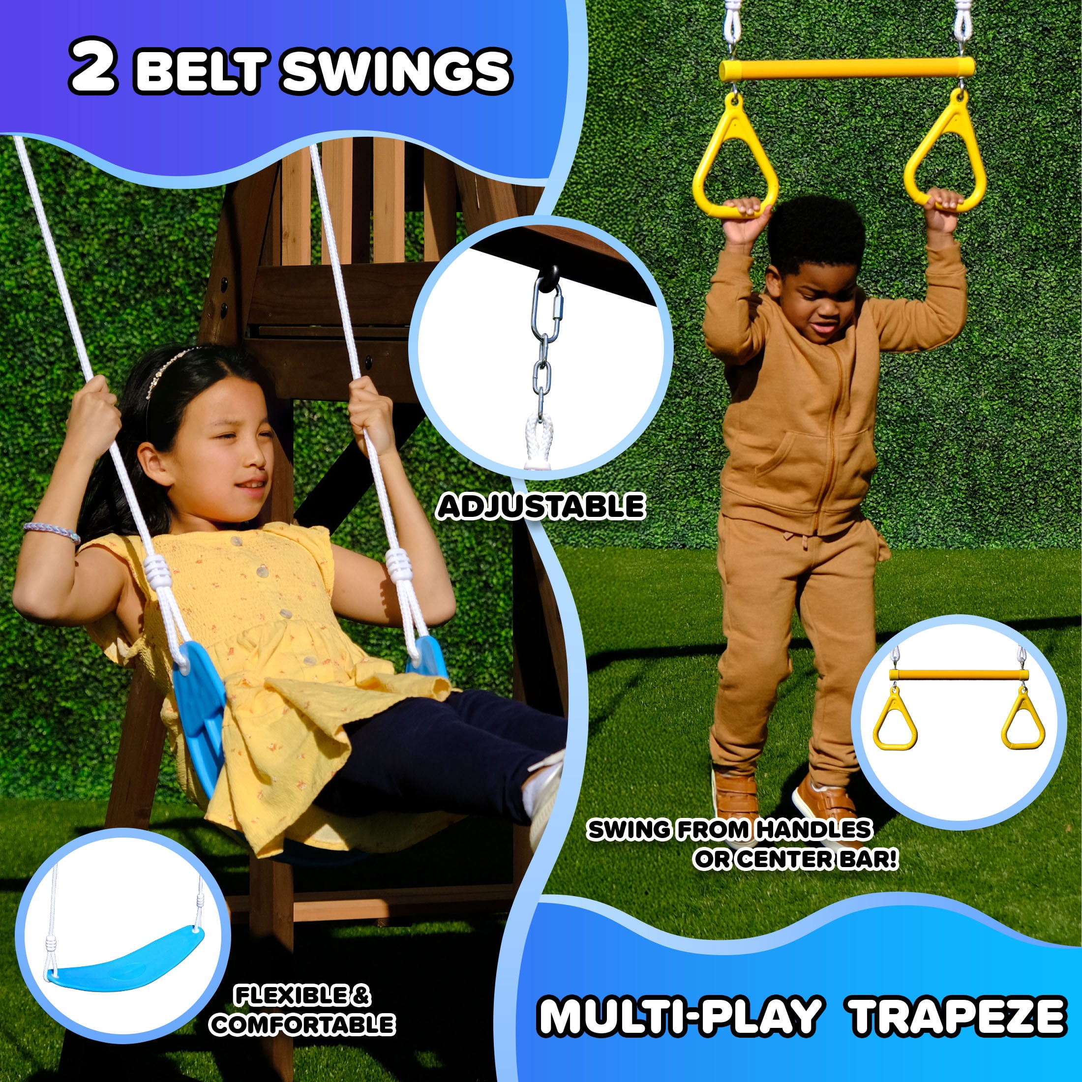 Sportspower Rosemont Wooden Swing Set with 2 Belt Swings, Trapeze, Play Fort with Rock Climber, Bench with Table, Sandbox, Lifetime Warranty on 8ft Slide, & Bonus Anchor Kit