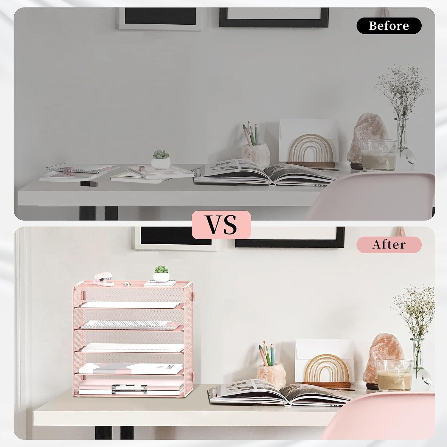 INTIGE 5 Tier Desktop Organizer Tray, Desk Paper Organizer, Storage Solutions for Home Office, Pink, 1 Pack