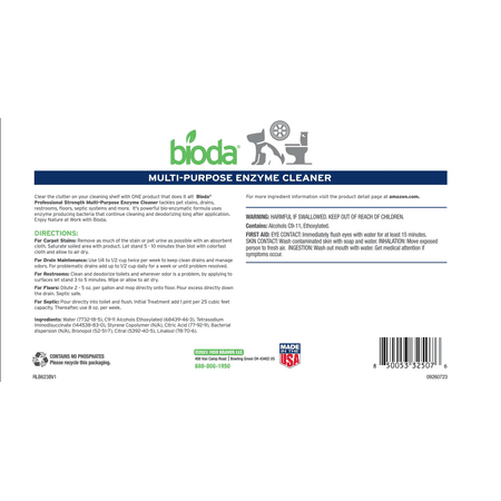 Bioda Multi-Purpose Probiotic Household Enzyme Cleaner and Deodorizer | Professional Strength | Trash Can Deodorizer, Pet Stains and Odors, Drains, Floors, Bathrooms, Toilets | Made in USA | 1 Gallon